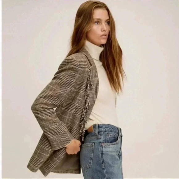 Mango Wool Blend Fringe Plaid Blazer Sz S - Picture 3 of 11